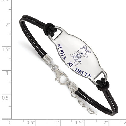 Sterling Silver Rhodium Plated Logoart Alpha Xi Delta Sorority Symbol Color Enamel Black Leather 7 Inch Bracelet With Extender