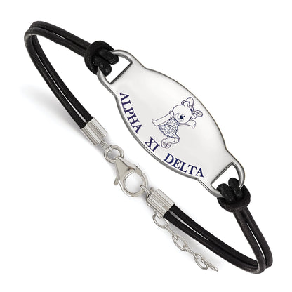 Sterling Silver Rhodium Plated Logoart Alpha Xi Delta Sorority Symbol Color Enamel Black Leather 7 Inch Bracelet With Extender