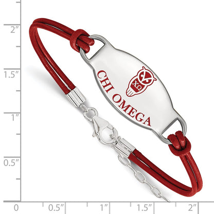 Sterling Silver Rhodium Plated Logoart Chi Omega Sorority Symbol Color Enamel Leather 7 Inch Bracelet With Extender