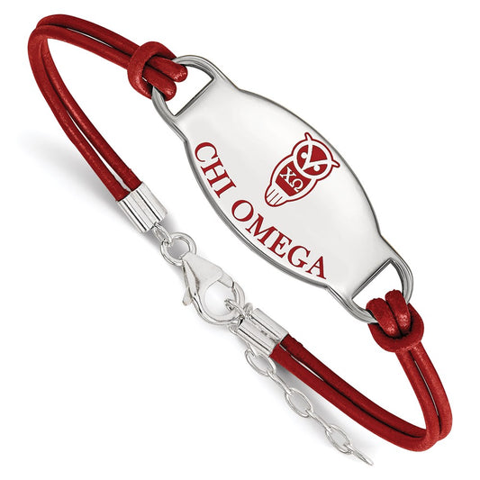 Sterling Silver Rhodium Plated Logoart Chi Omega Sorority Symbol Color Enamel Leather 7 Inch Bracelet With Extender