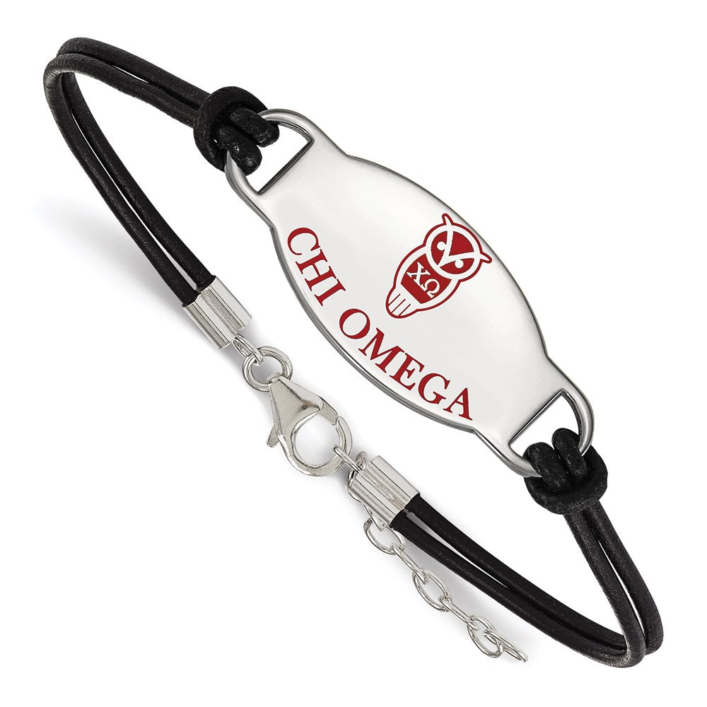 Sterling Silver Rhodium Plated Logoart Chi Omega Sorority Symbol Color Enamel Black Leather 7 Inch Bracelet With Extender