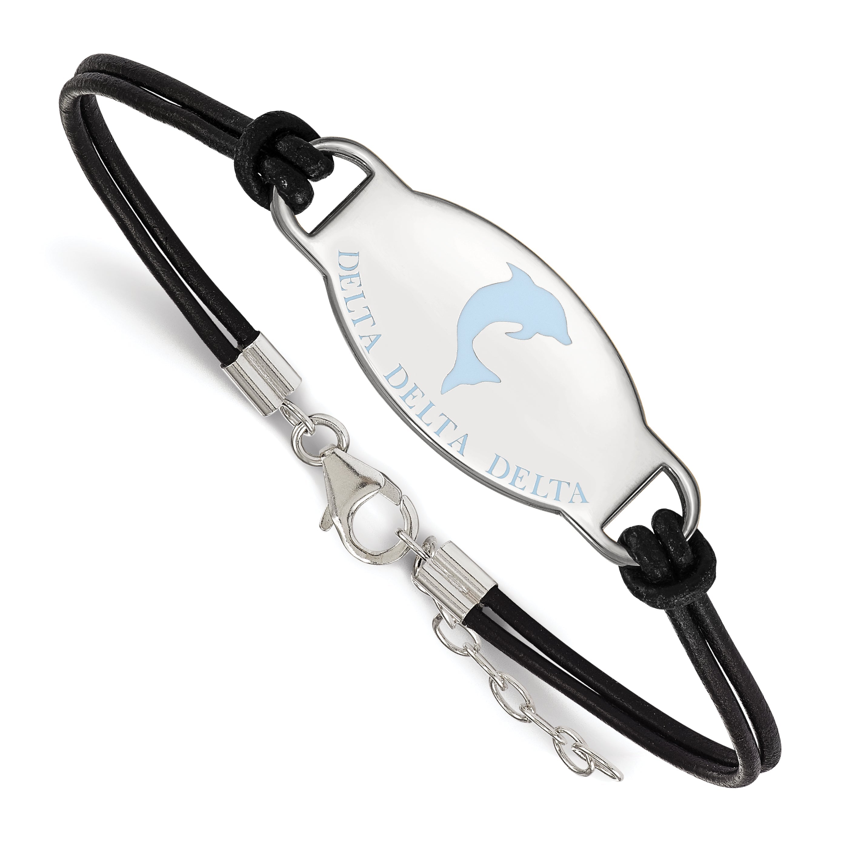 Sterling Silver Rhodium Plated Logoart Delta Sorority Symbol Color Enamel Leather 7 Inch Bracelet With Extender