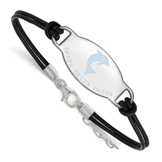 Sterling Silver Rhodium Plated Logoart Delta Sorority Symbol Color Enamel Leather 7 Inch Bracelet With Extender