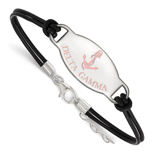 Sterling Silver Rhodium Plated Logoart Delta Gamma Sorority Symbol Color Enamel Black Leather 7 Inch Bracelet With Extender