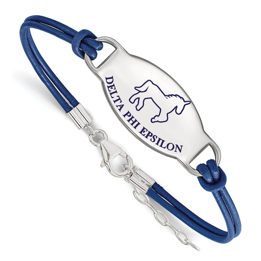 Sterling Silver Rhodium Plated Logoart Delta Phi Epsilon Sorority Symbol Color Enamel Leather 7 Inch Bracelet With Extender