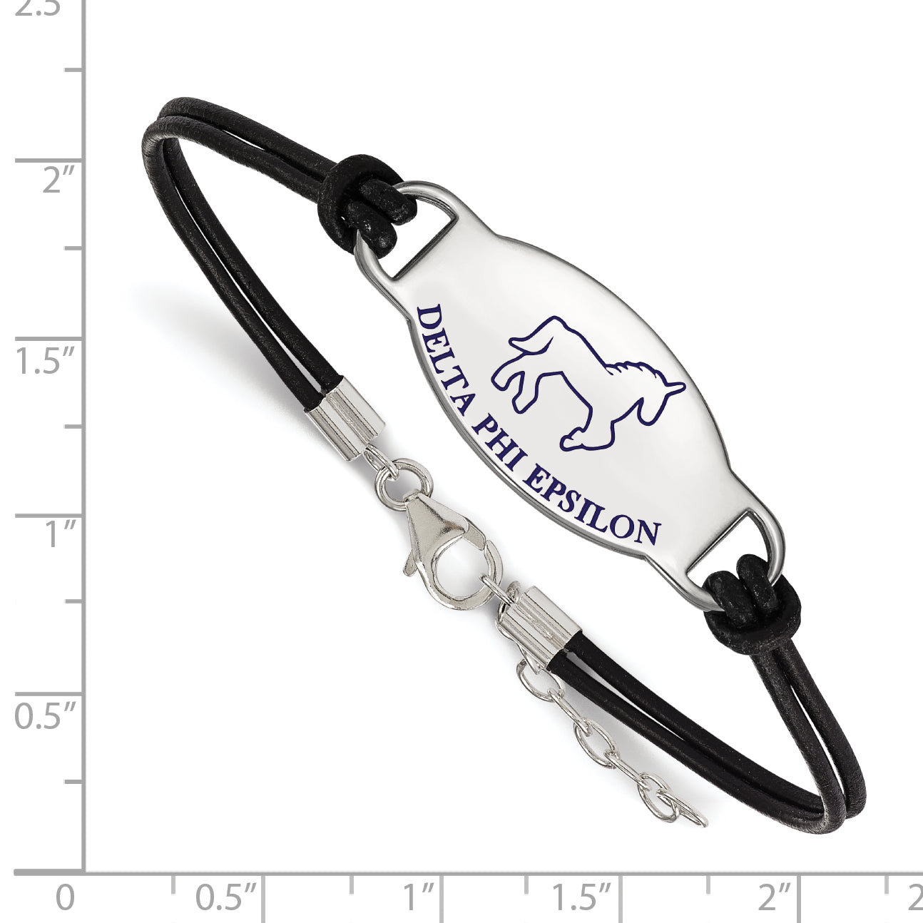 Sterling Silver Rhodium Plated Logoart Delta Phi Epsilon Sorority Symbol Color Enamel Black Leather 7 Inch Bracelet With Extender