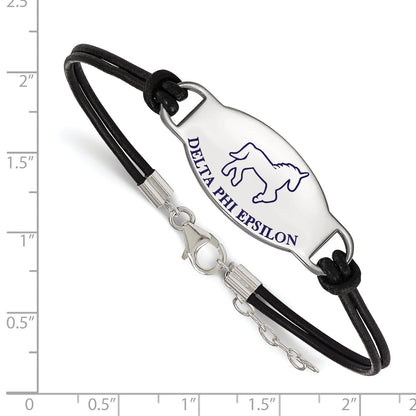 Sterling Silver Rhodium Plated Logoart Delta Phi Epsilon Sorority Symbol Color Enamel Black Leather 7 Inch Bracelet With Extender