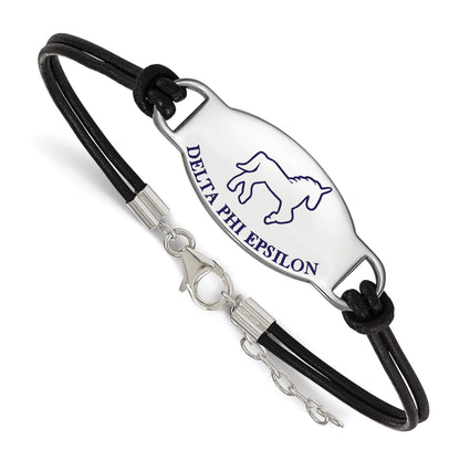 Sterling Silver Rhodium Plated Logoart Delta Phi Epsilon Sorority Symbol Color Enamel Black Leather 7 Inch Bracelet With Extender