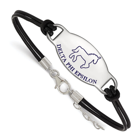 Sterling Silver Rhodium Plated Logoart Delta Phi Epsilon Sorority Symbol Color Enamel Black Leather 7 Inch Bracelet With Extender