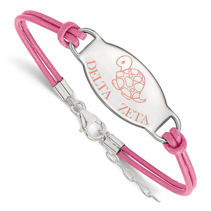 Sterling Silver Rhodium Plated Logoart Delta Zeta Sorority Symbol Color Enamel Leather 7 Inch Bracelet With Extender