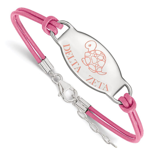 Sterling Silver Rhodium Plated Logoart Delta Zeta Sorority Symbol Color Enamel Leather 7 Inch Bracelet With Extender
