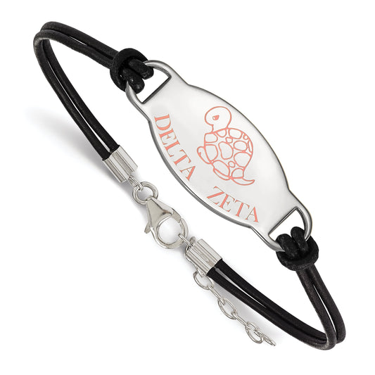 Sterling Silver Rhodium Plated Logoart Delta Zeta Sorority Symbol Color Enamel Black Leather 7 Inch Bracelet With Extender