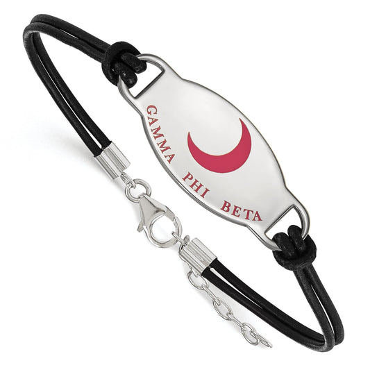 Sterling Silver Rhodium Plated Logoart Gamma Phi Beta Sorority Symbol Color Enamel Black Leather 7 Inch Bracelet With Extender