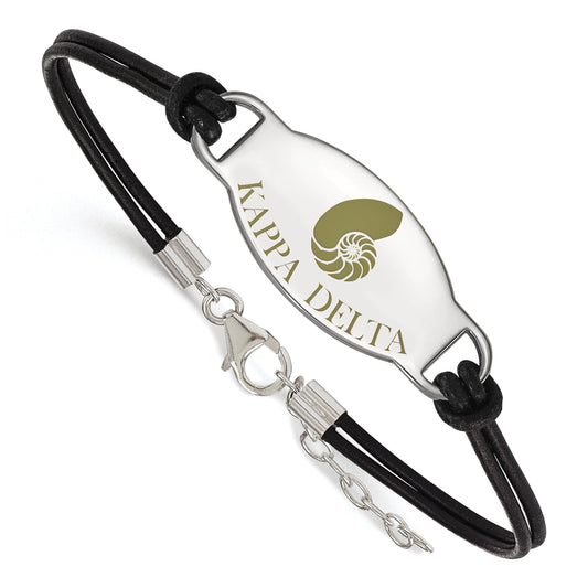 Sterling Silver Rhodium Plated Logoart Kappa Delta Sorority Symbol Color Enamel Black Leather 7 Inch Bracelet With Extender