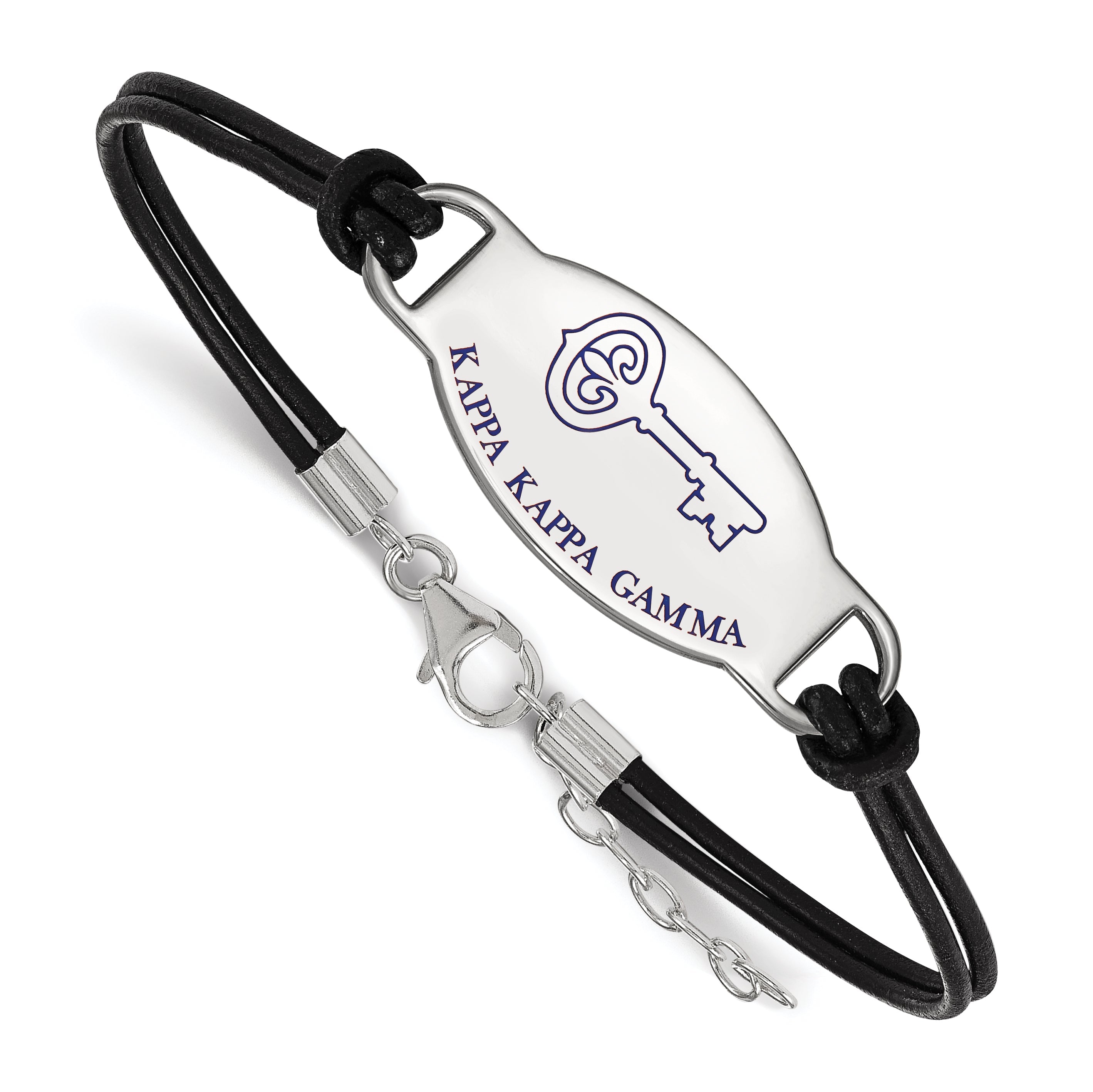 Sterling Silver Rhodium Plated Logoart Kappa Gamma Sorority Symbol Color Enamel Black Leather 7 Inch Bracelet With Extender