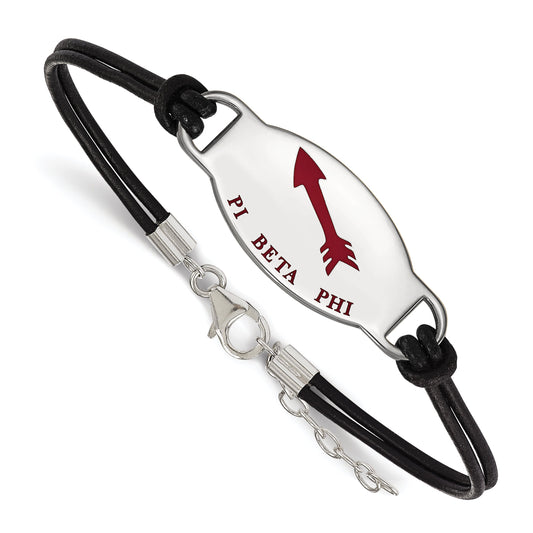 Sterling Silver Rhodium Plated Logoart Pi Beta Phi Sorority Symbol Color Enamel Black Leather 7 Inch Bracelet With Extender