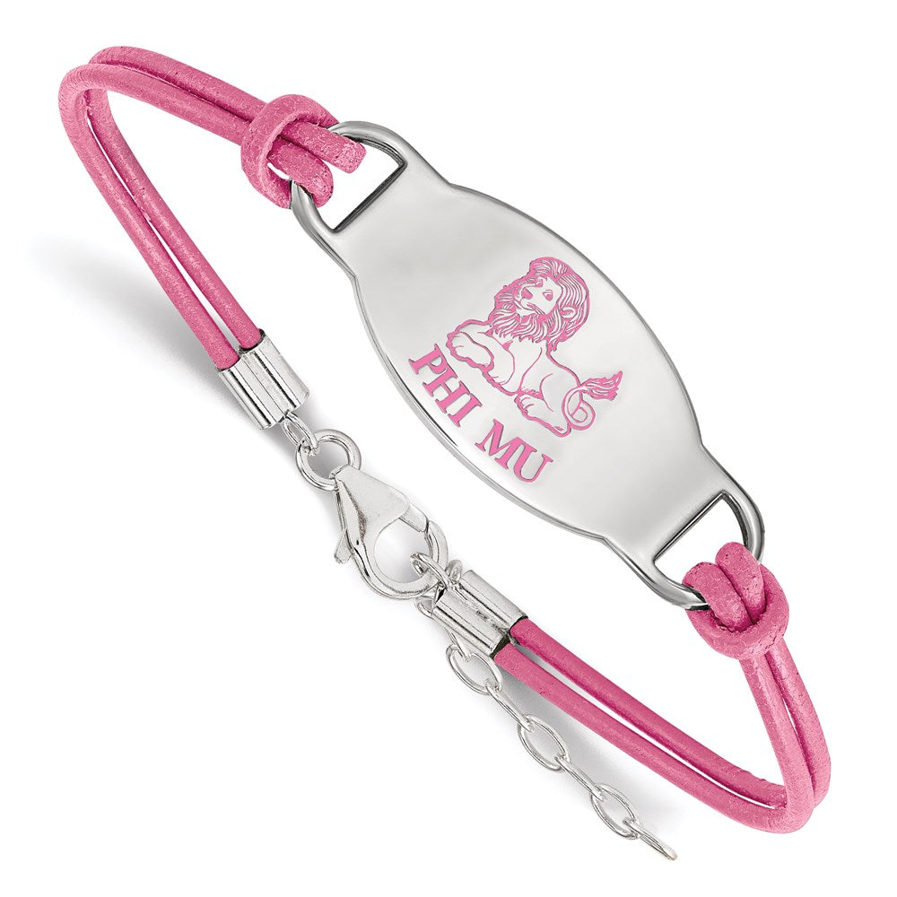 Sterling Silver Rhodium Plated Logoart Phi Mu Sorority Symbol Color Enamel Leather 7 Inch Bracelet With Extender