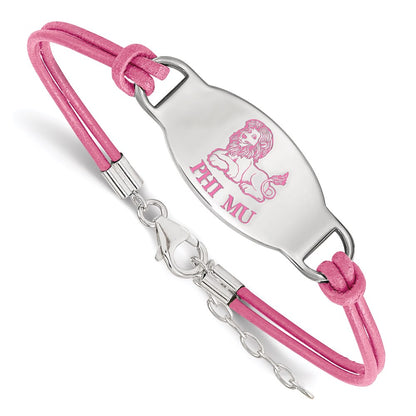 Sterling Silver Rhodium Plated Logoart Phi Mu Sorority Symbol Color Enamel Leather 7 Inch Bracelet With Extender