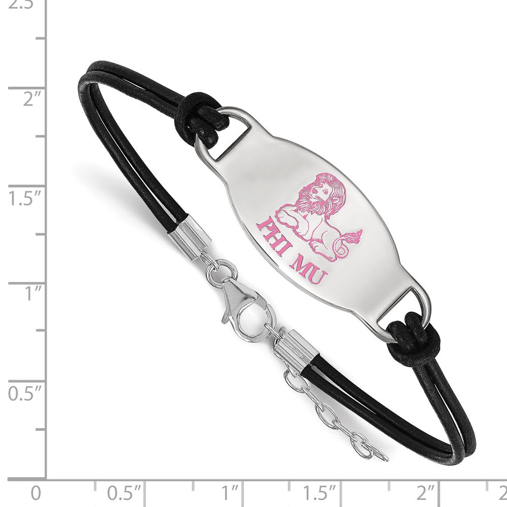 Sterling Silver Rhodium Plated Logoart Phi Mu Sorority Symbol Color Enamel Black Leather 7 Inch Bracelet With Extender