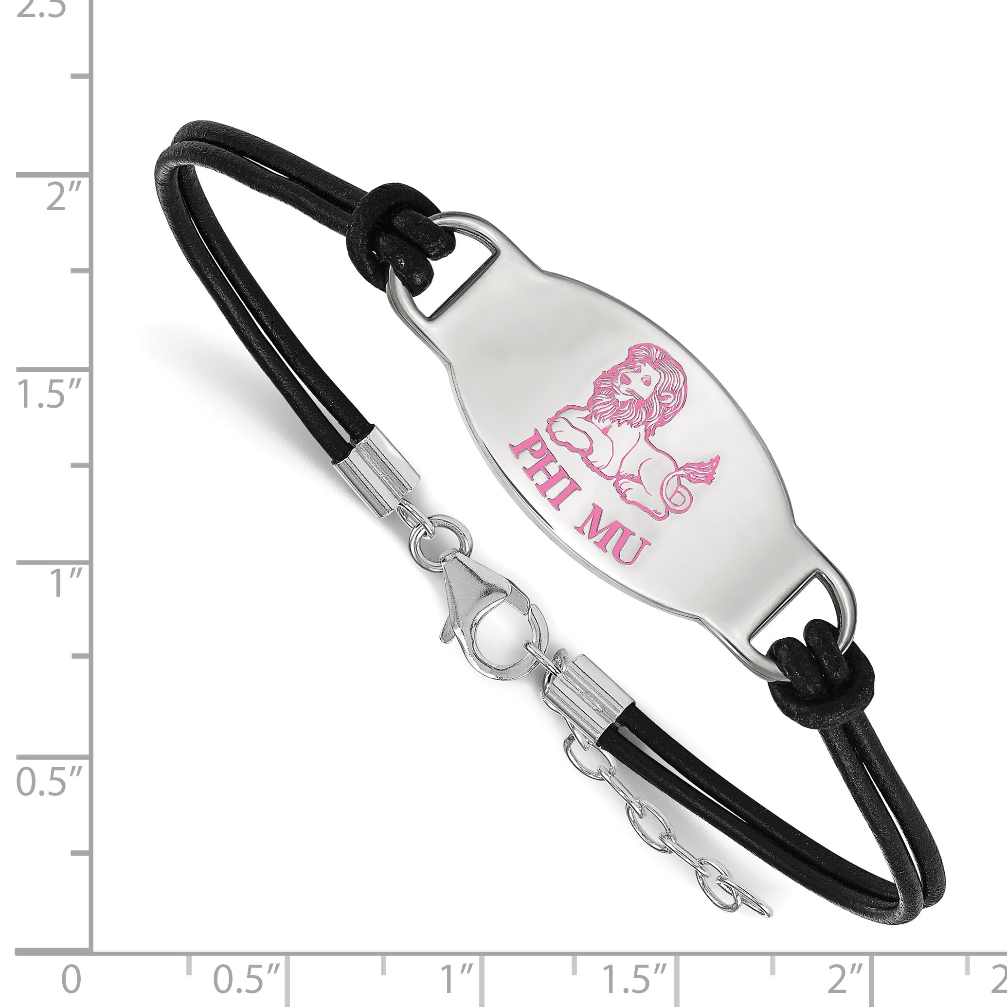 Sterling Silver Rhodium Plated Logoart Phi Mu Sorority Symbol Color Enamel Black Leather 7 Inch Bracelet With Extender
