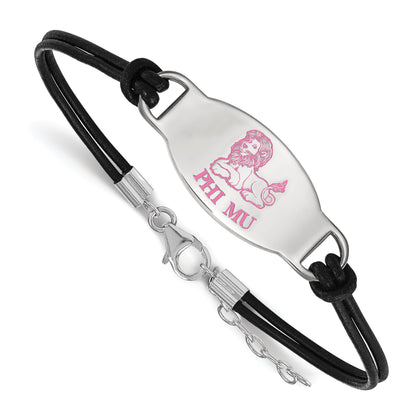 Sterling Silver Rhodium Plated Logoart Phi Mu Sorority Symbol Color Enamel Black Leather 7 Inch Bracelet With Extender