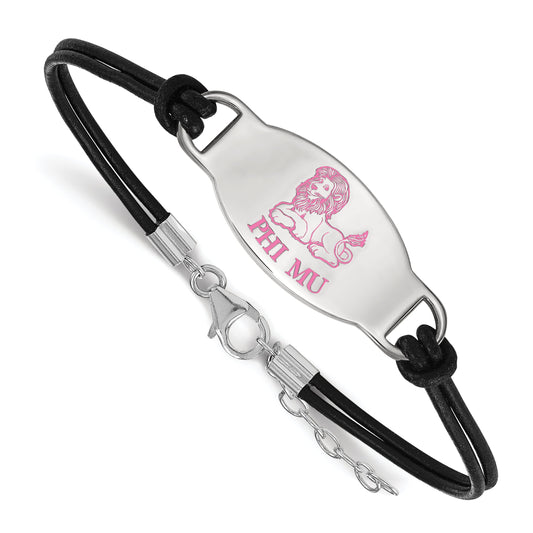 Sterling Silver Rhodium Plated Logoart Phi Mu Sorority Symbol Color Enamel Black Leather 7 Inch Bracelet With Extender