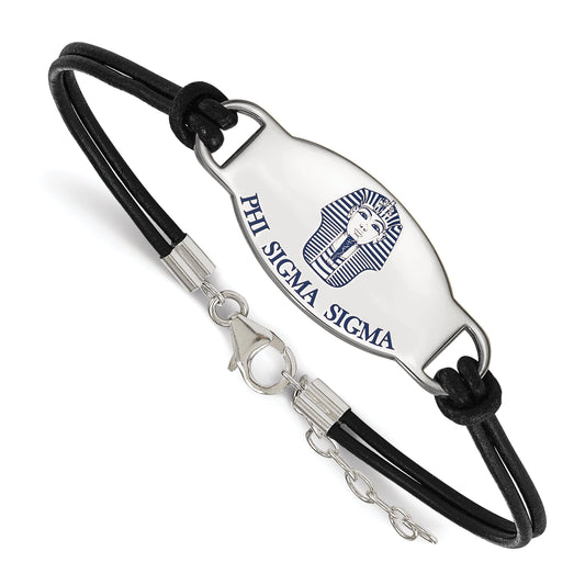 Sterling Silver Rhodium Plated Logoart Phi Sigma Sorority Symbol Color Enamel Black Leather 7 Inch Bracelet With Extender