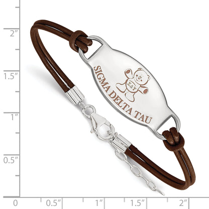 Sterling Silver Rhodium Plated Logoart Sigma Delta Tau Sorority Symbol Color Enamel Leather 7 Inch Bracelet With Extender