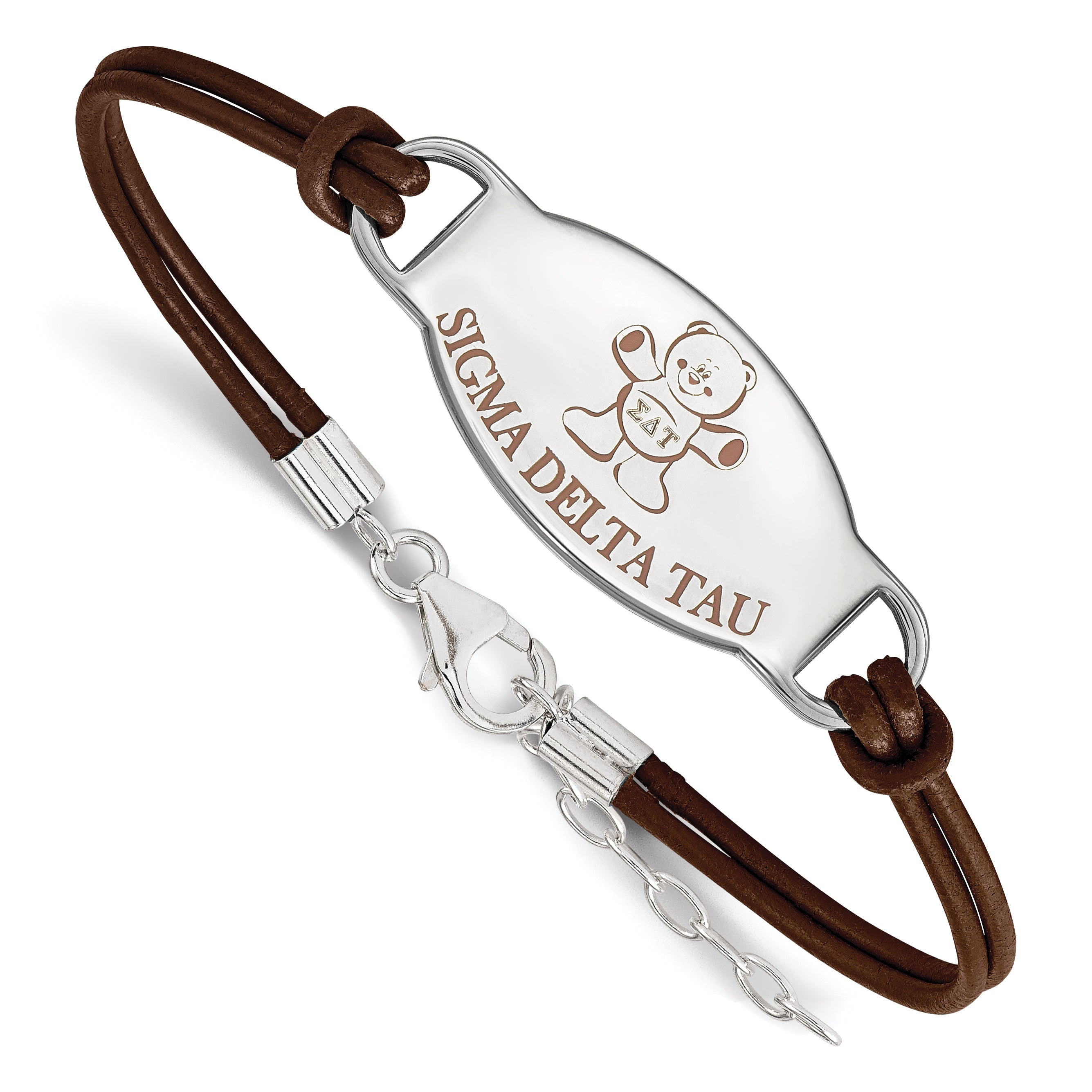 Sterling Silver Rhodium Plated Logoart Sigma Delta Tau Sorority Symbol Color Enamel Leather 7 Inch Bracelet With Extender