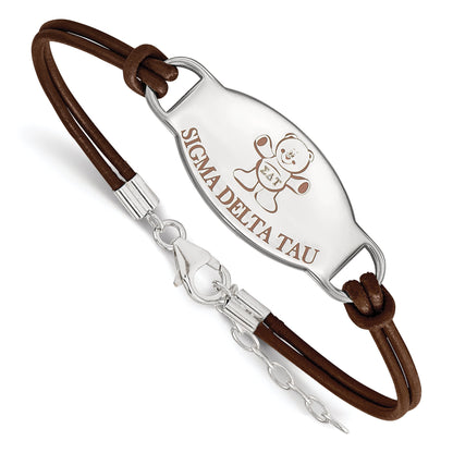 Sterling Silver Rhodium Plated Logoart Sigma Delta Tau Sorority Symbol Color Enamel Leather 7 Inch Bracelet With Extender