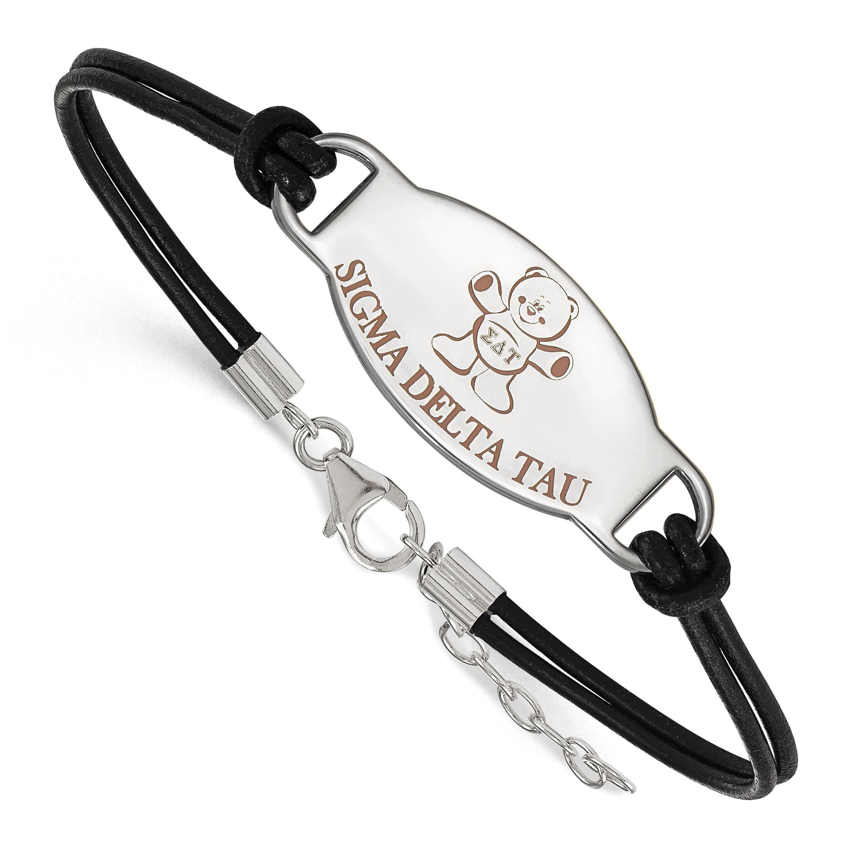 Sterling Silver Rhodium Plated Logoart Sigma Delta Tau Sorority Symbol Color Enamel Black Leather 7 Inch Bracelet With Extender