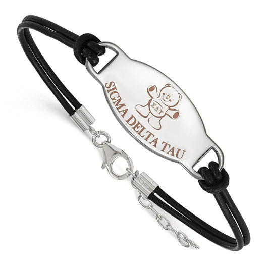 Sterling Silver Rhodium Plated Logoart Sigma Delta Tau Sorority Symbol Color Enamel Black Leather 7 Inch Bracelet With Extender