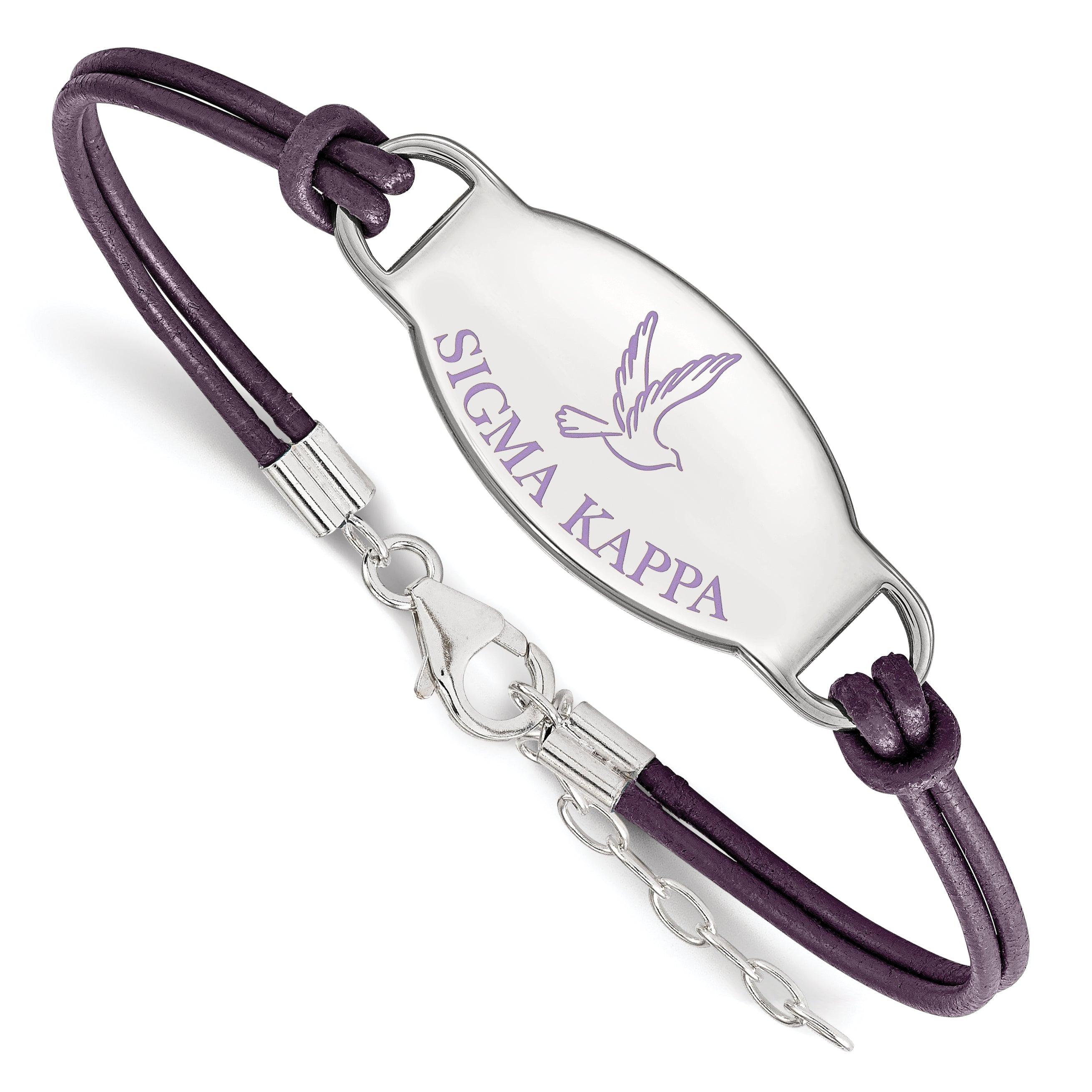 Sterling Silver Rhodium Plated Logoart Sigma Kappa Sorority Symbol Color Enamel Leather 7 Inch Bracelet With Extender
