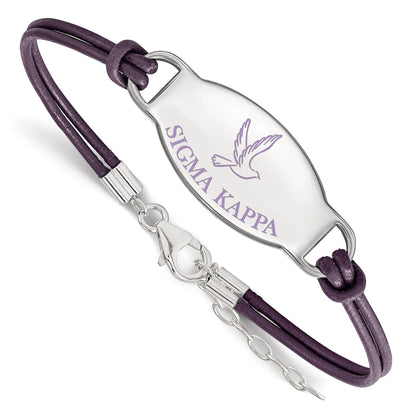 Sterling Silver Rhodium Plated Logoart Sigma Kappa Sorority Symbol Color Enamel Leather 7 Inch Bracelet With Extender
