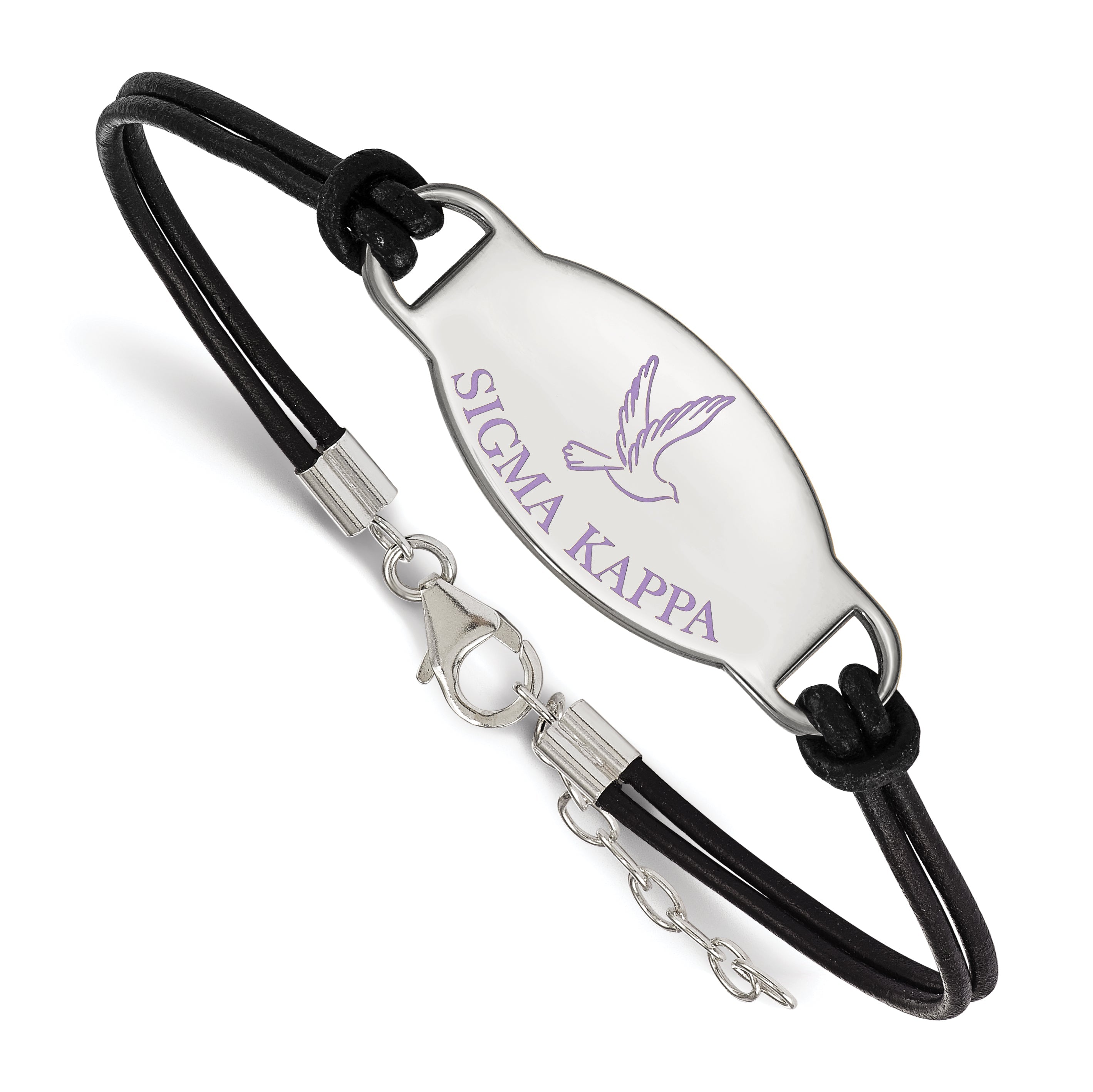 Sterling Silver Rhodium Plated Logoart Sigma Kappa Sorority Symbol Color Enamel Black Leather 7 Inch Bracelet With Extender