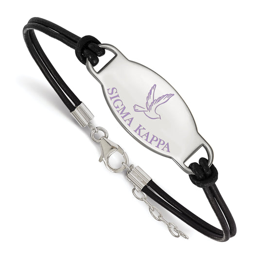 Sterling Silver Rhodium Plated Logoart Sigma Kappa Sorority Symbol Color Enamel Black Leather 7 Inch Bracelet With Extender