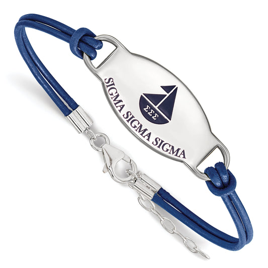 Sterling Silver Rhodium Plated Logoart Sigma Sorority Symbol Color Enamel Leather 7 Inch Bracelet With Extender