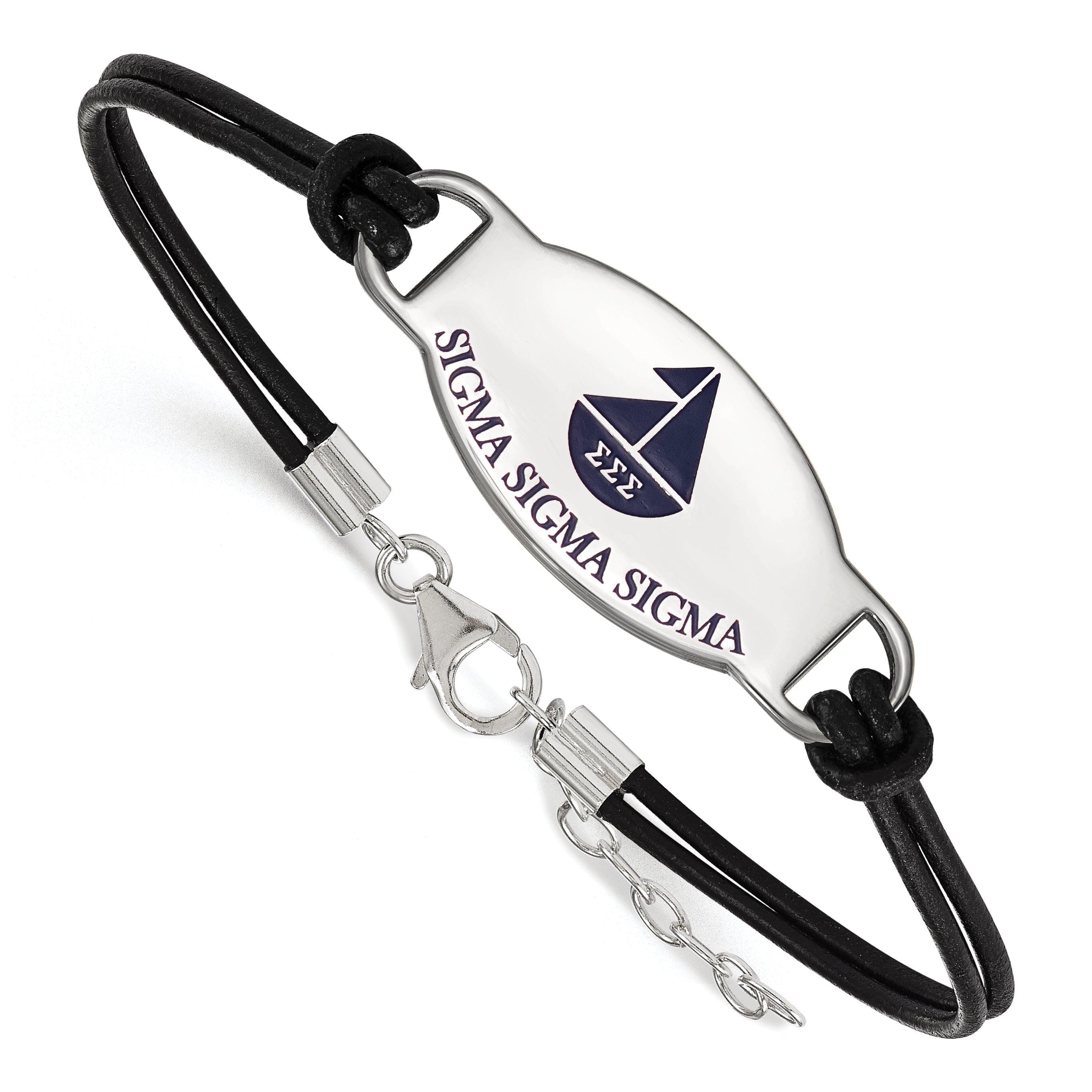 Sterling Silver Rhodium Plated Logoart Sigma Sorority Symbol Color Enamel Black Leather 7 Inch Bracelet With Extender