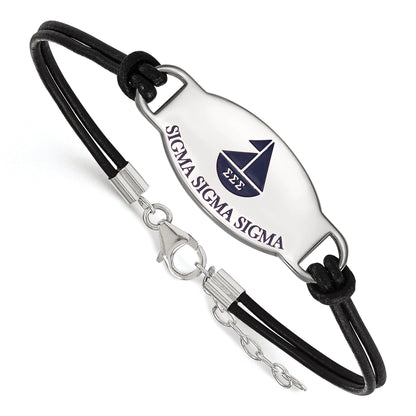 Sterling Silver Rhodium Plated Logoart Sigma Sorority Symbol Color Enamel Black Leather 7 Inch Bracelet With Extender