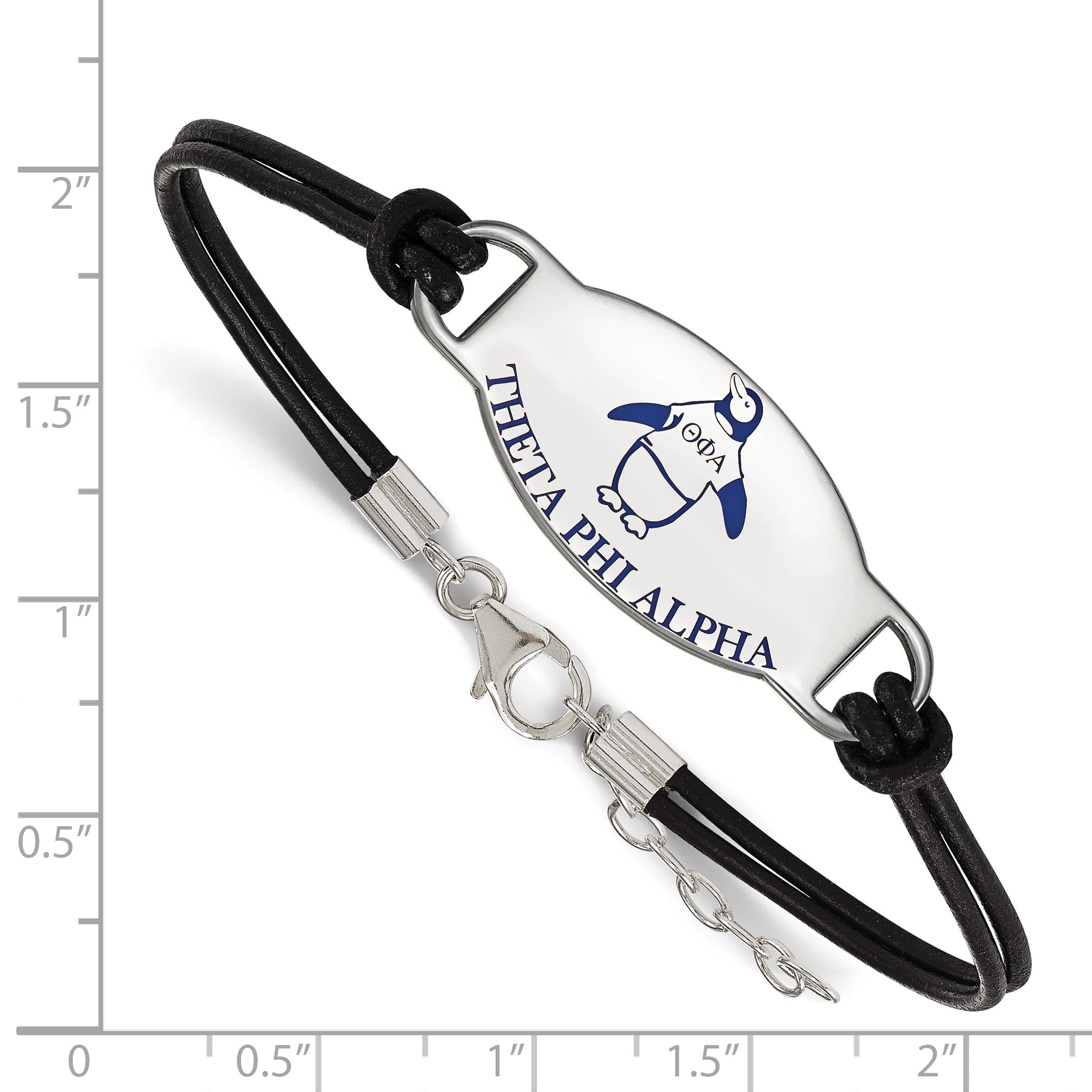 Sterling Silver Rhodium Plated Logoart Theta Phi Alpha Sorority Symbol Color Enamel Black Leather 7 Inch Bracelet With Extender