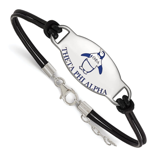 Sterling Silver Rhodium Plated Logoart Theta Phi Alpha Sorority Symbol Color Enamel Black Leather 7 Inch Bracelet With Extender