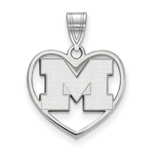 Sterling Silver Rhodium Plated Logoart University Of Michigan Letter M Heart Pendant