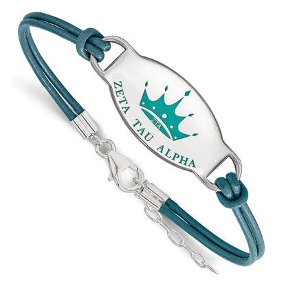 Sterling Silver Rhodium Plated Logoart Zeta Tau Alpha Sorority Symbol Color Enamel Leather 7 Inch Bracelet With Extender