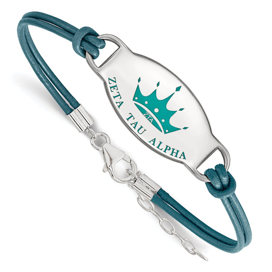 Sterling Silver Rhodium Plated Logoart Zeta Tau Alpha Sorority Symbol Color Enamel Leather 7 Inch Bracelet With Extender