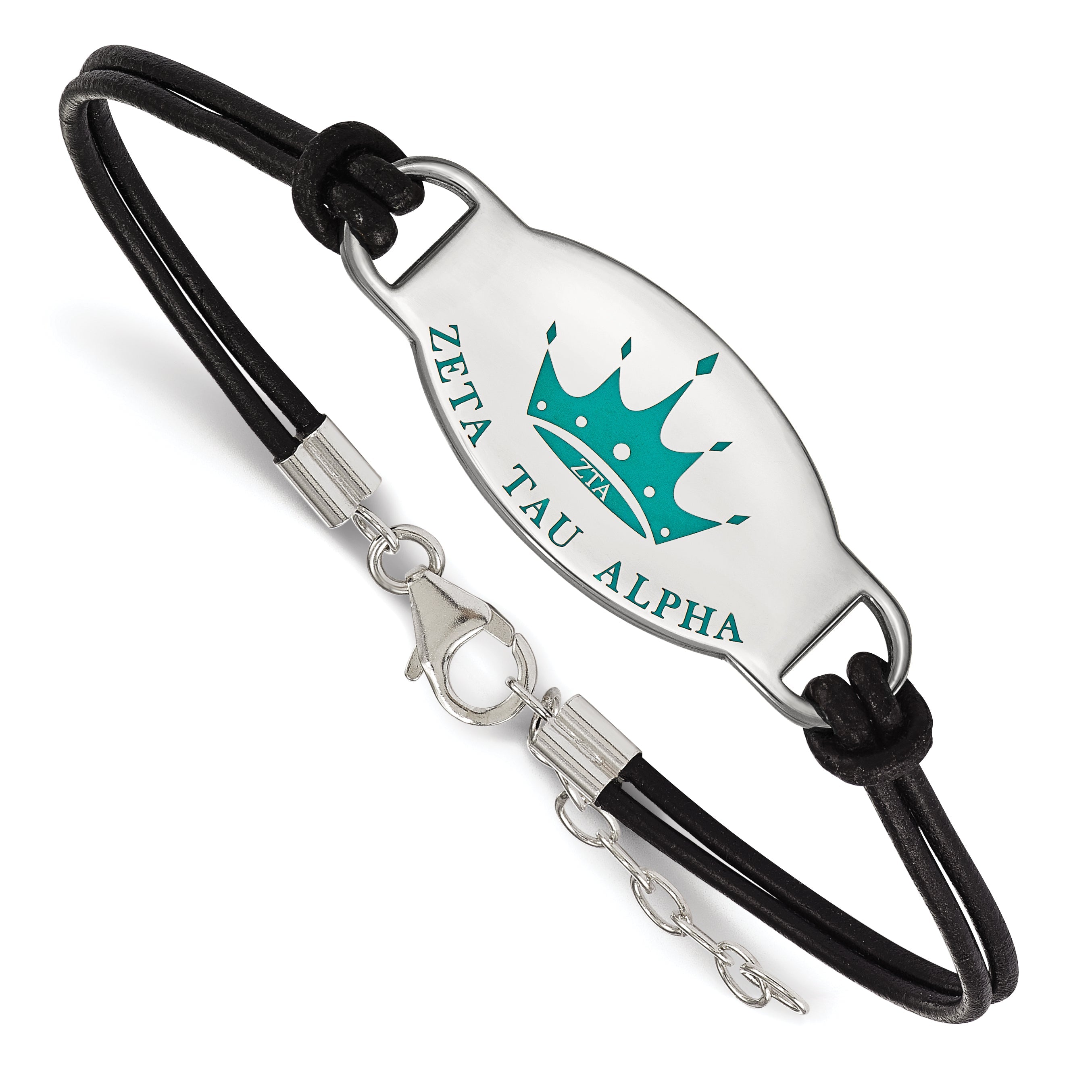 Sterling Silver Rhodium Plated Logoart Zeta Tau Alpha Sorority Symbol Color Enamel Black Leather 7 Inch Bracelet With Extender