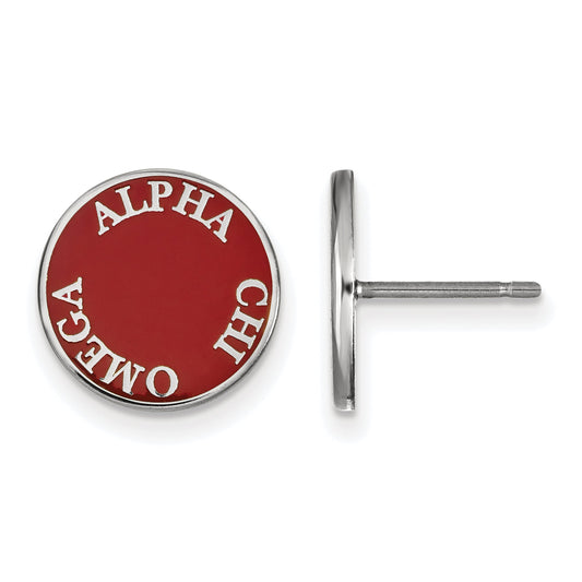 Sterling Silver Rhodium Plated Logoart Alpha Chi Omega Sorority Text Color Enamel Post Earrings