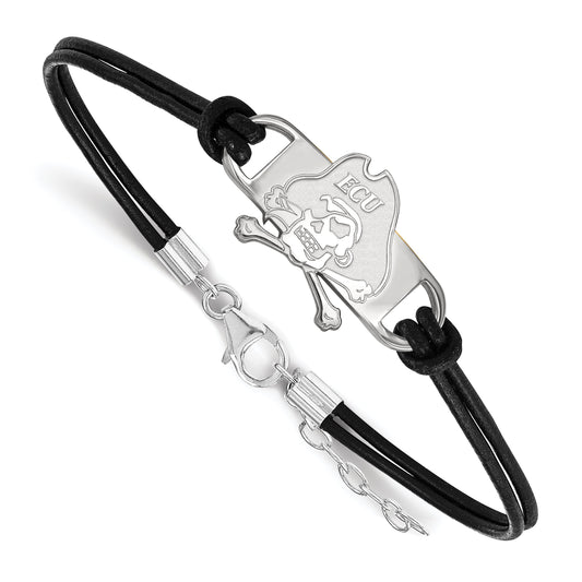 Sterling Silver Rhodium Plated Logoart East Carolina University Pirate Small Center Black Leather 7 Inch Bracelet With Extender