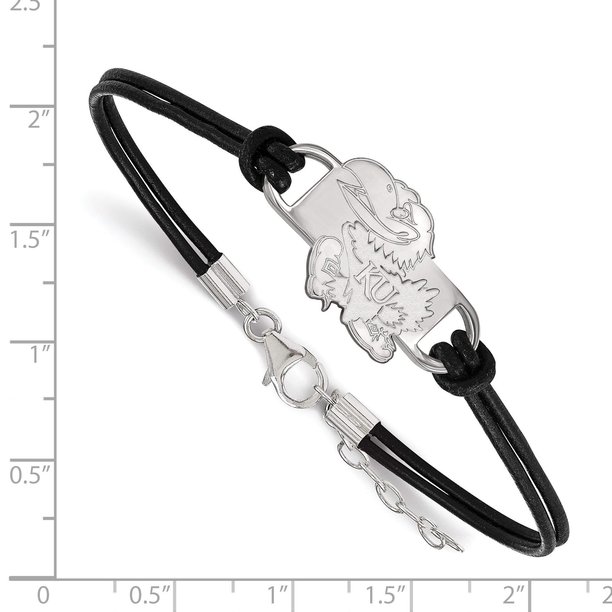Sterling Silver Rhodium Plated Logoart University Of Kansas Jayhawk Small Center Black Leather 7 Inch Bracelet With Extender