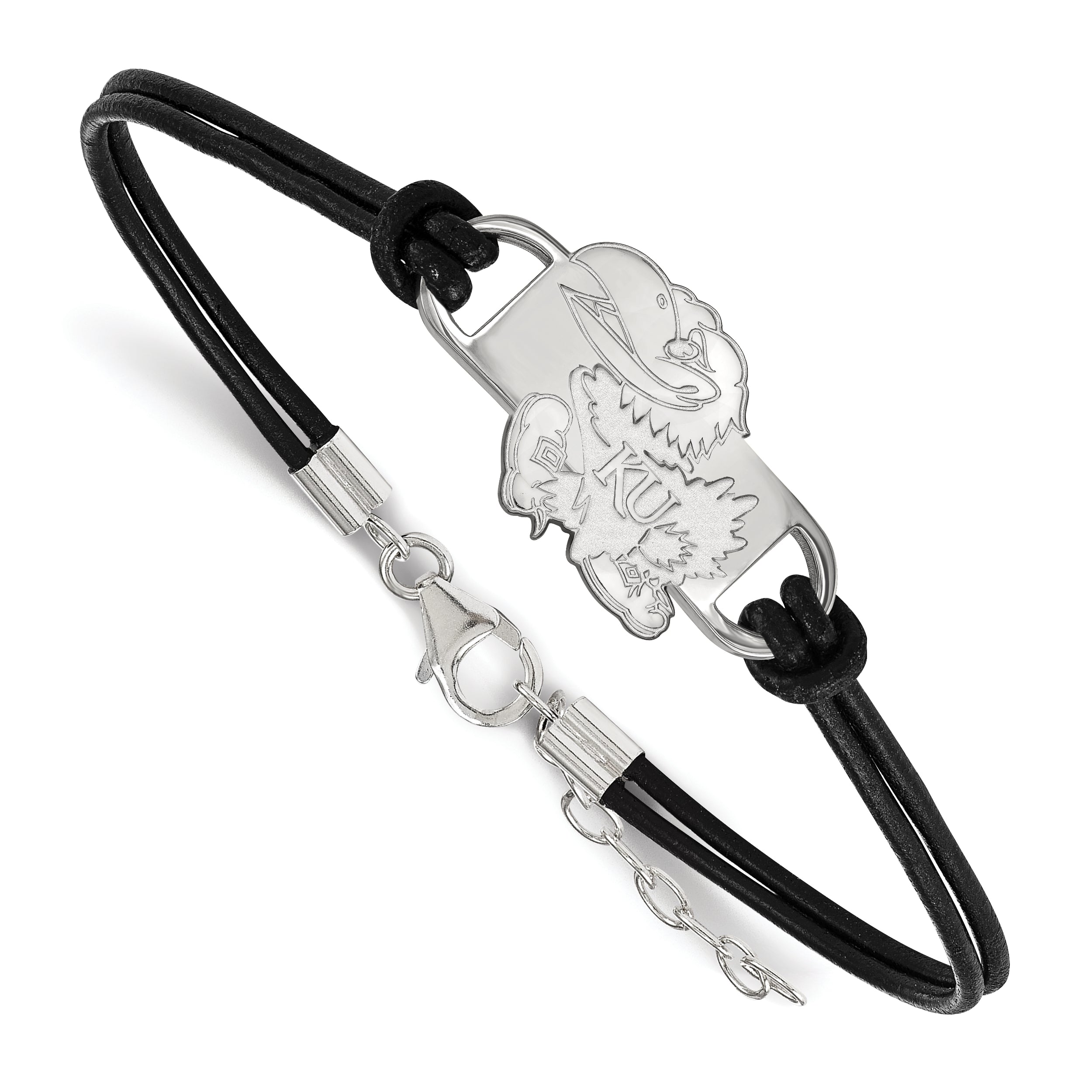 Sterling Silver Rhodium Plated Logoart University Of Kansas Jayhawk Small Center Black Leather 7 Inch Bracelet With Extender