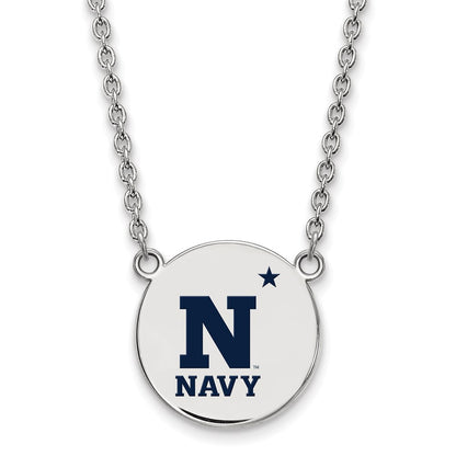 Sterling Silver Rhodium Plated Logoart Us Naval Academy Large Enameled Disc Pendant 18 Inch Necklace